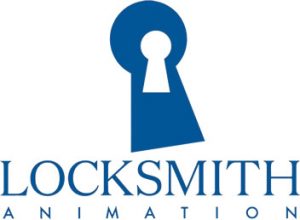 Locksmith Animations logo, in blue. consists of a blue key hole with a smaller white key hole over the top. 