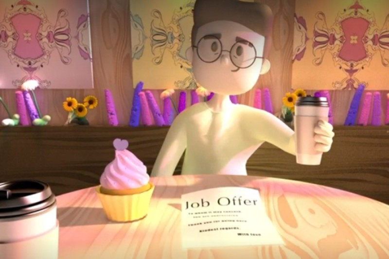 Still of a person holding a drink at table with a cupcake on it from the Footprints Animation